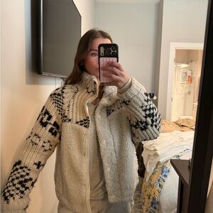 Blank NYC Cream Sherpa Jacket with Black Knit Pattern